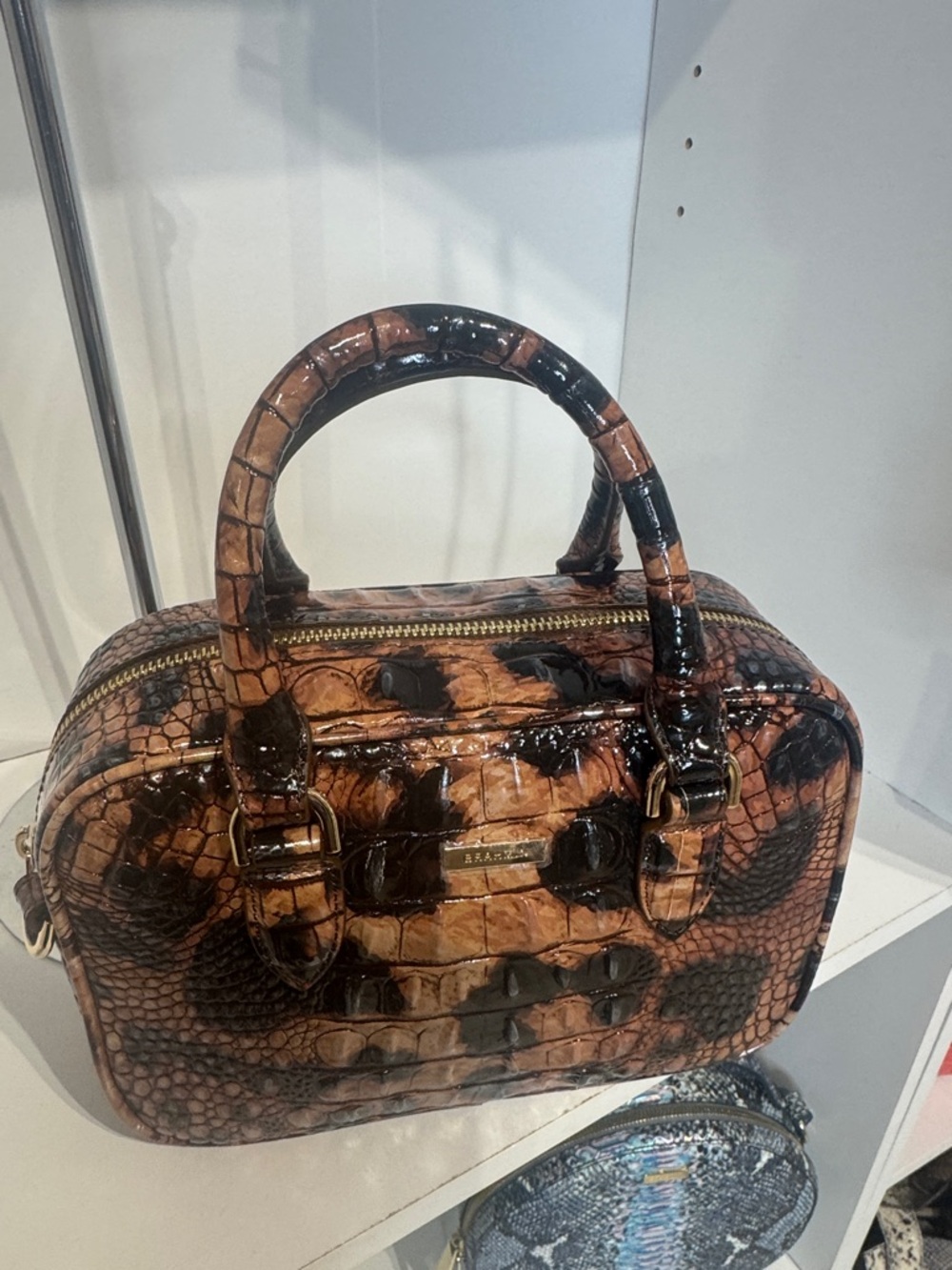Brahmin Croc-Embossed Patent Satchel in Brown and Black